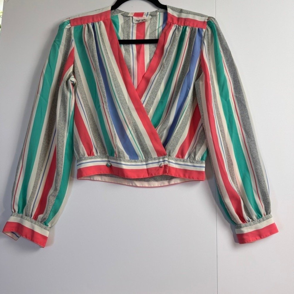 Lloyd Williams Vintage Striped Surplice Wrap Blouse Multi Color Retro 80s Size 4